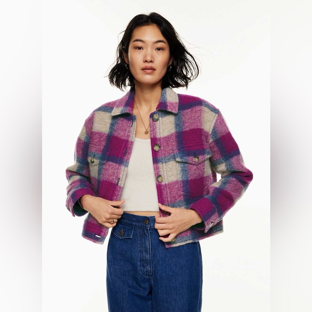 Aritzia Plaid Wool-Blend Cropped Jacket in Pink & Cream